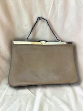 Elegant Taupe Leather Frame Clutch with Chain Handle